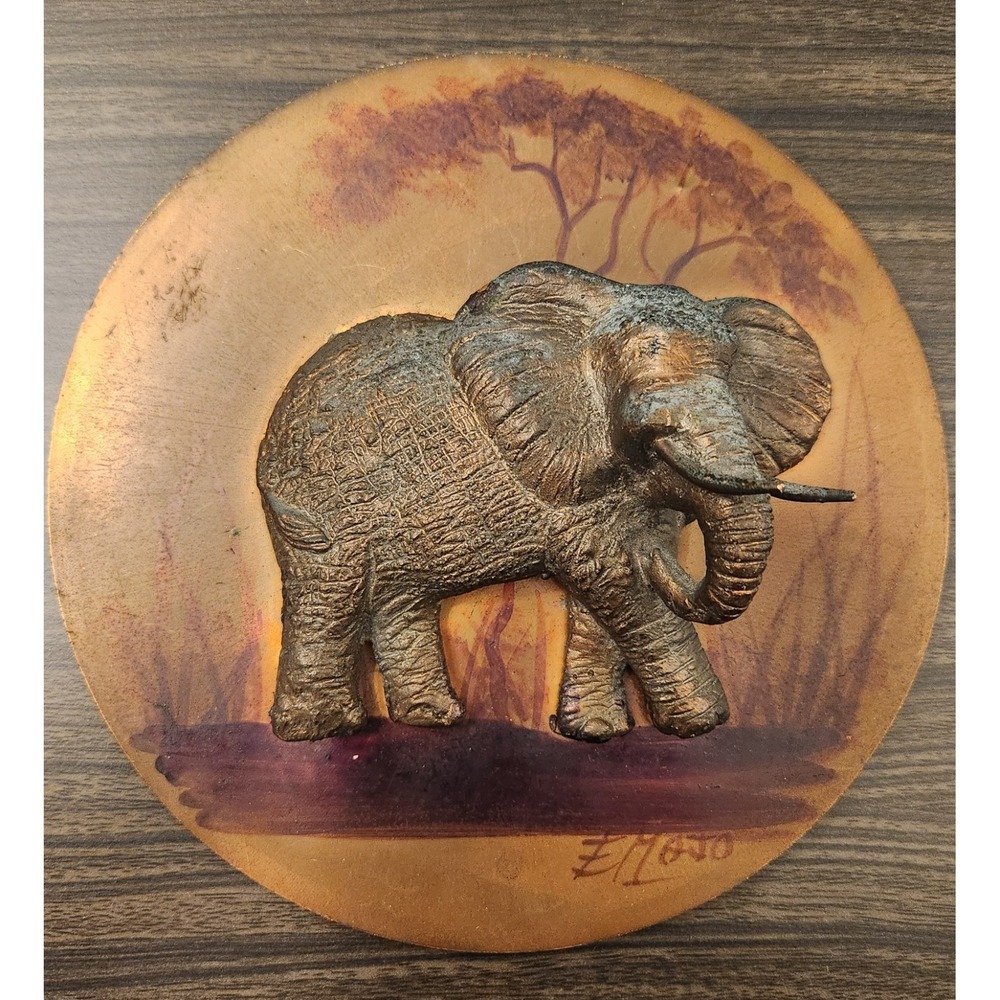 Vtg Copper Elephant 3D On Genuine Antelope Skin‎ Artwork Plaque Signed By EMAJO